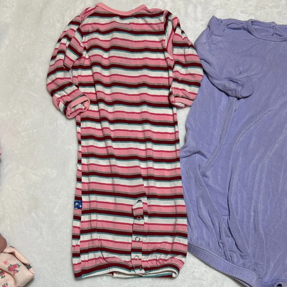 NB girls kickee sleeper gown pink stripe with metallic detail & light purple